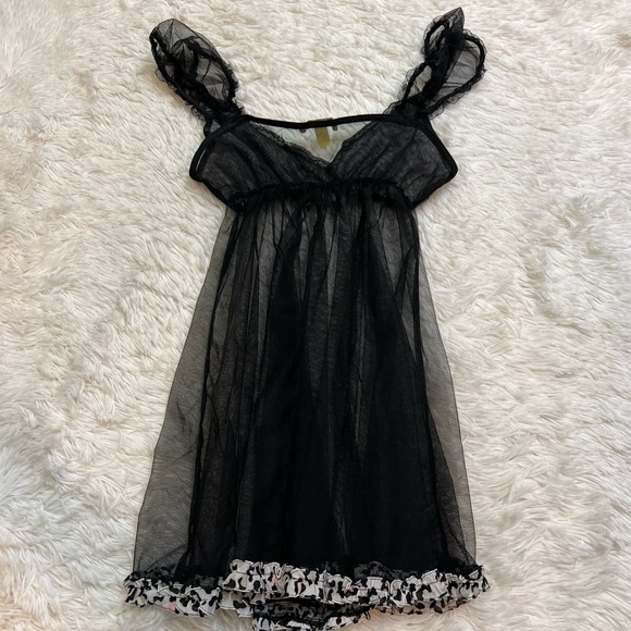 Flora Nikrooz Black Babydoll Chemise Animal Print Trim - Picture 5 of 5